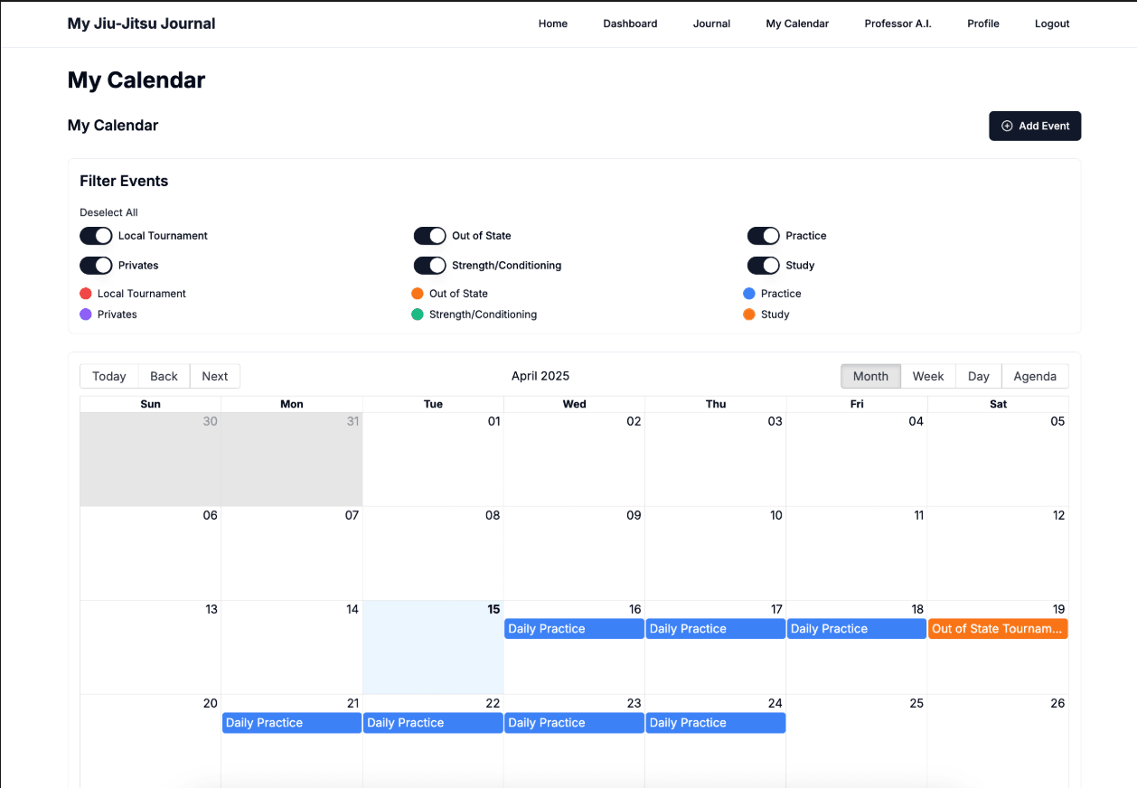 A month of the training calendar, with practice sessions and an out-of-state tournament marked on their days, and filters by type of event.