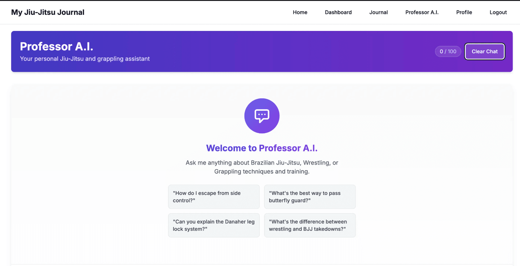 Professor A.I.: a chat for technique questions, with example questions such as how to escape side control and how to pass butterfly guard.